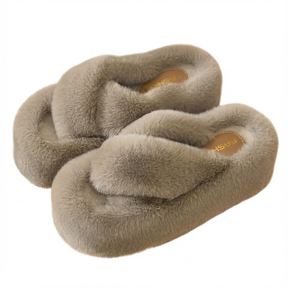 Women's Fluffy Faux Fur Cross Band Platform Slippers